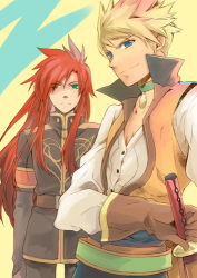 Rule 34 | 00s, 2boys, alternate costume, asch (tales), ayumiso, blonde hair, choker, gloves, green eyes, guy cecil, long hair, lowres, male focus, multiple boys, red hair, smile, sword, tales of (series), tales of the abyss, weapon, yellow background