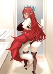 Rule 34 | 1girl, ass, blue eyes, blush, bra, breasts, dragon girl, dragon horns, dragon tail, duel monster, green horns, highres, horns, kitchen dragonmaid, large breasts, long hair, looking at viewer, looking back, mogu1000, open mouth, panties, red hair, tail, thighhighs, underwear, yu-gi-oh!