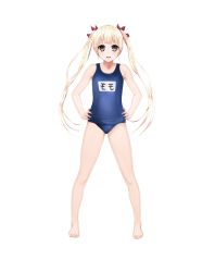 Rule 34 | 1girl, artist request, barefoot, blonde hair, blue one-piece swimsuit, clothes writing, copyright request, feet, full body, hands on own hips, highres, legs apart, long hair, looking at viewer, name tag, one-piece swimsuit, open mouth, school swimsuit, solo, swimsuit, transparent background, twintails, wide stance