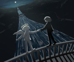 Rule 34 | 2boys, absurdres, angel, angel wings, avogado6, black pants, black shirt, bridge, commentary request, dancing, feathered wings, from side, full moon, grey hair, halo, highres, holding hands, imminent suicide, moon, multiple boys, night, night sky, on railing, original, pants, railing, river, shirt, shoes, sky, smile, suicide, white wings, wings