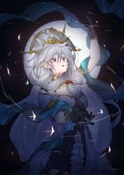 Rule 34 | 1girl, arknights, arm up, black background, black gloves, dress, gloves, grey hair, highres, long hair, molu stranger, off-shoulder dress, off shoulder, parted lips, red eyes, solo, specter (arknights), specter the unchained (arknights), specter the unchained (born as one) (arknights), upper body, very long hair, white dress