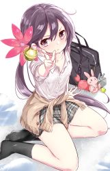 Rule 34 | 10s, 1girl, :t, akebono (kancolle), bag, bell, black skirt, black socks, blouse, bra, cardigan, clothes around waist, flower, hair bell, hair flower, hair ornament, hamaken. (novelize), highres, kantai collection, looking at viewer, plaid, plaid skirt, pointing, ponytail, pout, purple eyes, purple hair, rubber band, school bag, see-through, shirt, simple background, sitting, skirt, socks, solo, sweater, sweater around waist, underwear, wet, white shirt