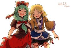 Rule 34 | 2girls, artist name, backlighting, blonde hair, dated, dress, eyebrows, closed eyes, front ponytail, green hair, hair ribbon, happy, kagiyama hina, long hair, long sleeves, mizuhashi parsee, multiple girls, open mouth, pointy ears, puffy sleeves, ribbon, round teeth, sash, scarf, short hair, short sleeves, simple background, skirt hold, smile, sonjow4, teeth, torn clothes, touhou, white background, wide sleeves