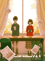 Rule 34 | 1boy, 1girl, :&gt;, :|, arm at side, backlighting, blunt bangs, bob cut, boku to kanojo no usotsuki na album, book, box, brown eyes, brown footwear, brown hair, camera, cardboard box, chair, character request, closed mouth, collared shirt, cross-laced footwear, curtains, evening, expressionless, eye contact, folding chair, glasses, green sweater, hair between eyes, hand up, hands up, highres, holding, holding book, holding camera, indoors, itunohika, long skirt, long sleeves, looking at another, official art, pants, photo (object), plaid, plaid shirt, plaid skirt, red sweater, semi-rimless eyewear, shadow, shirt, shoes, short hair, skirt, smile, socks, standing, sunlight, sweater, table, tareme, under-rim eyewear, wind, window, wing collar, yellow footwear