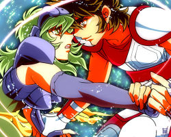 Rule 34 | 1boy, 1girl, :o, amada, armor, brown eyes, brown hair, closed mouth, couple, eye contact, from side, green eyes, green hair, hetero, looking at another, nail polish, open mouth, ophiuchus shaina, pegasus seiya, profile, saint seiya, smirk, surprised, upper body