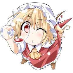 Rule 34 | 1girl, :&lt;, ;&lt;, ascot, bibi02, blonde hair, blush, chibi, cup, drinking glass, embodiment of scarlet devil, face, female focus, flandre scarlet, foreshortening, hat, one eye closed, red eyes, simple background, solo, touhou, wine glass, wings