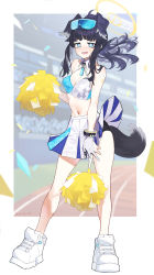 Rule 34 | 1girl, absurdres, aji aji nori, animal ears, bare shoulders, black hair, blue archive, blue eyes, blush, breasts, cheerleader, cleavage, crop top, dog ears, dog girl, dog tail, eyewear on head, full body, gloves, goggles, goggles on head, halo, hibiki (blue archive), hibiki (cheer squad) (blue archive), highres, holding, holding pom poms, jewelry, long hair, looking at viewer, medium breasts, midriff, millennium cheerleader outfit (blue archive), miniskirt, navel, open mouth, pleated skirt, pom pom (cheerleading), pom poms, shirt, shoes, skirt, sleeveless, smile, sneakers, solo, standing, sunglasses, tail, white footwear, white gloves