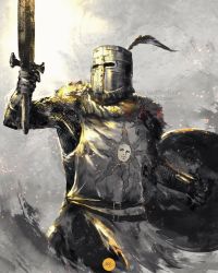 Rule 34 | 1boy, armor, chainmail, cowboy shot, dark souls (series), dark souls i, full armor, gauntlets, hat feather, helmet, highres, holding, holding shield, holding sword, holding weapon, shield, shimhaq, solaire of astora, solo, standing, sword, tabard, weapon