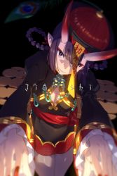 Rule 34 | 1girl, black dress, black hat, braid, braided hair rings, breasts, china dress, chinese clothes, cleavage cutout, clothing cutout, dress, echo (circa), eyeliner, fate/grand order, fate (series), frills, hair rings, hat, horns, jiangshi, long sleeves, looking at viewer, makeup, ofuda, oni, peacock feathers, pointy ears, purple eyes, purple hair, qingdai guanmao, short hair, shuten douji (fate), shuten douji (festival outfit) (fate), skin-covered horns, small breasts, solo, talisman, twin braids, wide sleeves