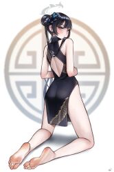 Rule 34 | 1girl, ass, bare shoulders, barefoot, black dress, black hair, blue archive, butterfly hair ornament, china dress, chinese clothes, closed mouth, double bun, dress, feet, full body, hair bun, hair ornament, highres, kisaki (blue archive), kneeling, light blush, long hair, looking at viewer, looking back, nikishiko, pale skin, soles, toes, twintails