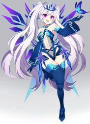 Rule 34 | aisha landar, bad id, bad pixiv id, bare shoulders, blue thighhighs, bug, butterfly, chain, crown, detached sleeves, elsword, full body, gloves, gradient background, grey background, insect, leotard, long hair, poyeop, purple eyes, smile, solo, thighhighs, twintails, very long hair, wings