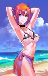 Rule 34 | 1girl, armpits, arms up, bikini, breasts, character request, collarbone, copyright request, highres, looking at viewer, medium breasts, nipple slip, nipples, ocean, orange hair, rapa rachi, sand, sarong, solo, swimsuit