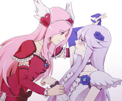 Rule 34 | 00s, 10s, 2girls, bad id, blush, bow, brooch, choker, crossover, cure moonlight, cure passion, eye contact, flower, fresh precure!, gloves, hair flower, hair ornament, heart, heart brooch, heart hair ornament, heartcatch precure!, higashi setsuna, holding another&#039;s wrist, holding hands, long hair, looking at another, magical girl, multiple girls, negom, pink hair, precure, purple hair, red eyes, tsukikage yuri, waist bow, white choker, yuri