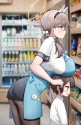 Rule 34 | 1boy, 1girl, absurdres, age difference, angel&#039;s 24 uniform (blue archive), animal ears, aqua apron, ass, bare shoulders, black-framed eyewear, black pantyhose, black skirt, blue archive, blush, breast rest, breasts, breasts on head, convenience store, dishui tangni, fake animal ears, from side, glasses, halo, highres, huge breasts, leaning forward, light brown hair, moe (blue archive), onee-shota, pantyhose, pom pom (clothes), rabbit ears, round eyewear, shirt, shop, skirt, white shirt