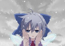 Rule 34 | 1girl, bad id, bad pixiv id, blouse, blue eyes, cirno, collared shirt, grey background, hair between eyes, hikobae, male hand, outdoors, ribbon, sad, shirt, sky, snowing, solo, touhou, white shirt, wings
