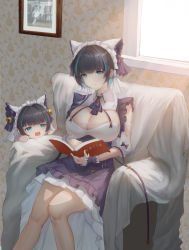 Rule 34 | 2girls, absurdres, animal ears, apron, aqua eyes, aqua hair, azur lane, book, breasts, chair, cheshire (azur lane), chinese commentary, cleavage, detached sleeves, dongxiadao, fake animal ears, feet out of frame, frilled hairband, frilled ribbon, frills, hairband, highres, indoors, large breasts, little cheshire (azur lane), long ribbon, looking at viewer, maid headdress, mother and daughter, multicolored hair, multiple girls, open book, puffy detached sleeves, puffy sleeves, purple apron, purple hair, ribbon, short hair, streaked hair, two-tone hair, window, wrist cuffs