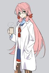Rule 34 | 1girl, akashi (kancolle), bespectacled, blue sailor collar, blue skirt, commentary request, cup, glasses, green eyes, grey background, hair ribbon, hand in pocket, highres, kantai collection, lab coat, long hair, looking at viewer, mug, pink hair, pleated skirt, ribbon, sailor collar, school uniform, senbei (senbe i), serafuku, simple background, skirt, solo, thighhighs, tress ribbon