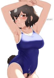 Rule 34 | 1girl, after fellatio, animal ears, armpits, arms up, bear ears, bear girl, bear tail, black hair, breasts, brown bear (kemono friends), brown eyes, cleft of venus, closed mouth, crotchless, crotchless swimsuit, cum, cum in mouth, cum on body, cum on clothes, cum on hair, cum on lower body, cum on upper body, extra ears, facial, female pubic hair, grey hair, hair between eyes, half-closed eyes, highres, kemono friends, masuyama ryou, medium breasts, medium hair, multicolored hair, one-piece swimsuit, pubic hair, sidelocks, simple background, skindentation, solo, swimsuit, tail, third-party edit, torn clothes, torn swimsuit, two-tone hair, upper body, white background