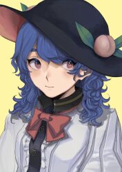 Rule 34 | 1girl, absurdres, black hat, blue hair, blush, bow, bowtie, breasts, center frills, chawanmushi (l3es8hjlrsqdrhx), closed mouth, embellished costume, eyebrows hidden by hair, food, frills, fruit, hair between eyes, hat, highres, hinanawi tenshi, light smile, long hair, looking to the side, medium breasts, peach, red bow, red bowtie, shirt, simple background, solo, swept bangs, tilted headwear, touhou, upper body, wavy hair, white shirt, yellow background