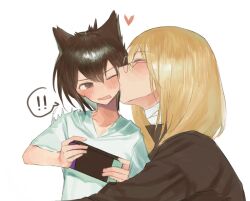 Rule 34 | !, !!, 2boys, agatsuma soubi, age difference, alternate costume, animal ears, aoyagi ritsuka, bandaged neck, bandages, black hair, blonde hair, blush, brown jacket, cat boy, cat ears, closed eyes, commentary, couple, embarrassed, flying sweatdrops, glasses, grey eyes, handheld game console, hands up, heart, height difference, holding, holding handheld game console, hood, hoodie, jacket, long hair, looking at another, loveless, male focus, medium hair, multiple boys, nintendo switch, one eye closed, onii-shota, open mouth, round eyewear, simple background, speech bubble, upper body, user nfzt8223, white background, white hoodie, yaoi