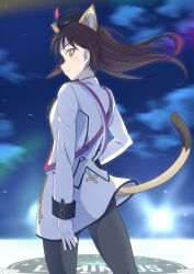 Rule 34 | 1girl, absurdres, animal ears, black hat, brown eyes, brown hair, cat ears, cat tail, closed mouth, cloud, cloudy sky, commentary, cowboy shot, eleonore giovanna gassion, emblem, from behind, garrison cap, gloves, hat, highres, jacket, long hair, long sleeves, looking at viewer, looking back, luminous witches, miniskirt, night, outdoors, skirt, sky, smile, solo, stage lights, standing, tail, tricky 46, white gloves, white jacket, white skirt, wind, world witches series