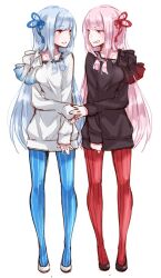 Rule 34 | 2girls, ayakura juu, blue hair, blue pantyhose, blue ribbon, commentary, dress, full body, grin, kotonoha akane, kotonoha aoi, long hair, looking at another, low-tied sidelocks, multiple girls, pantyhose, pink hair, red pantyhose, red ribbon, ribbon, short dress, siblings, simple background, sisters, sketch, smile, voiceroid, white background