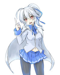 Rule 34 | 1girl, alternate color, artist request, blazblue, breasts, cape, celica a. mercury, grey hair, midriff, pantyhose, pointing, pointing up, ponytail, red eyes, skirt, smile, solo, subaru1968, teeth