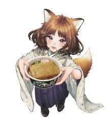 Rule 34 | 1girl, animal ears, blush, boots, brown eyes, brown hair, commentary request, don gitsune, donbee (food), donbei kitsune udon, fox ears, fox girl, fox tail, from above, full body, high heel boots, high heels, highres, looking at viewer, meiji schoolgirl uniform, mori taishi, nissin, nissin donbei, official art, open mouth, original, short hair, simple background, smile, solo, tail, white background