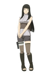 Rule 34 | 1girl, absurdres, bandages, black hair, boots, byakugan, female focus, full body, highres, hyuuga hinata, long hair, looking at viewer, naruto: the last, naruto (series), ninja, official art, purple eyes, sandals, shorts, smile, solo, thighhighs, white background