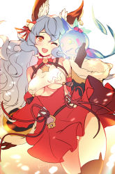 Rule 34 | 1girl, aki663, alternate costume, animal ears, backless outfit, bare back, bare shoulders, black thighhighs, blue hair, blush, bow, breasts, brown gloves, collarbone, dress, earrings, erune, ferry (granblue fantasy), ferry (santa minidress) (granblue fantasy), fur-trimmed sleeves, fur collar, fur trim, gloves, granblue fantasy, hair bow, holly, hoop earrings, jewelry, long hair, medium breasts, one eye closed, open mouth, panties, pantyshot, red dress, single earring, spirit, star (symbol), thighhighs, underboob, underwear, wavy hair, yellow eyes