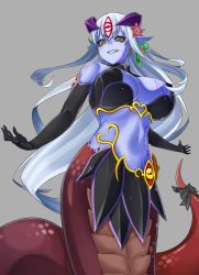Rule 34 | 1girl, alipheese fateburn xvi, bare shoulders, black gloves, blue skin, breasts, cleavage, colored skin, commentary request, elbow gloves, flower, gloves, grey background, hair flower, hair ornament, highres, horns, lamia, large breasts, long hair, looking down, mon-musu quest!, monster girl, navel, onji, pointy ears, scales, simple background, smile, solo, tail, tattoo, very long hair, white hair, yellow eyes