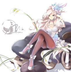 Rule 34 | 1girl, :q, blue eyes, breasts, cleavage, heterochromia, high heels, crossed legs, long hair, original, pantyhose, plastick, shoes, sitting, solo, tongue, tongue out, white hair, yellow eyes