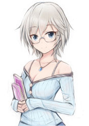 Rule 34 | 1girl, anastasia (idolmaster), bare shoulders, blue eyes, blue sweater, blush, book, breasts, buttons, cleavage, closed mouth, collarbone, eyelashes, glasses, hair between eyes, holding, holding book, idolmaster, idolmaster cinderella girls, jewelry, long sleeves, looking at viewer, medium breasts, nannacy7, necklace, off-shoulder, off-shoulder sweater, off shoulder, pendant, ribbed sweater, short hair, silver hair, simple background, smile, solo, sweater, white background