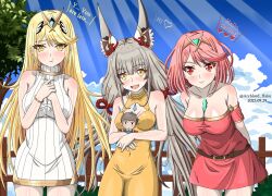 Rule 34 | 3girls, animal ear fluff, animal ears, archlord haku, artist name, blonde hair, breasts, character doll, chest jewel, commentary request, cowboy shot, dated, dress, english text, fangs, fence, highres, large breasts, long hair, looking at viewer, medium breasts, multiple girls, mythra (xenoblade), nia (blade) (xenoblade), nia (xenoblade), open mouth, pout, pyra (xenoblade), red hair, rex (xenoblade), tree, wooden fence, xenoblade chronicles (series), xenoblade chronicles 2, xenoblade chronicles 3, xenoblade chronicles 3: future redeemed, yellow eyes
