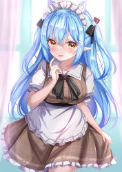 Rule 34 | 1girl, ahoge, animal ear fluff, animal ears, apron, black bow, black bowtie, blue hair, blush, bow, bowtie, brown dress, cat ears, commentary, cowboy shot, dress, elf, extra ears, frilled apron, frilled dress, frills, hair between eyes, hair bow, heart, heart ahoge, highres, hololive, long hair, looking at viewer, maid, maid headdress, multicolored hair, parted lips, plaid, plaid dress, pointy ears, puffy short sleeves, puffy sleeves, short sleeves, smile, solo, standing, streaked hair, two side up, very long hair, virtual youtuber, yellow eyes, yuano, yukihana lamy