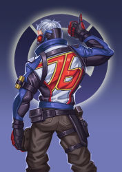 Rule 34 | 1boy, arm up, armband, bara, blue background, collared jacket, gloves, gun, jacket, jiajiuli, logo, looking at viewer, looking back, male focus, manly, mature male, muscular, muscular male, one eye covered, overwatch, pants, short hair, simple background, soldier: 76 (overwatch), solo, thumbs up, visor, weapon, white hair