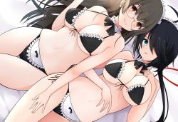 Rule 34 | 1girl, alternate costume, bikini, black bikini, breasts, brown eyes, choukai (kancolle), cleavage, commentary request, commission, cowboy shot, enmaided, frilled bikini, frills, front-tie top, glasses, green eyes, hair over one eye, kako (kancolle), kantai collection, large breasts, long hair, looking at viewer, lying, maid, maid bikini, maid headdress, side-tie bikini bottom, skeb commission, solo, swimsuit, thigh gap, ton ton tontoro, unconventional maid