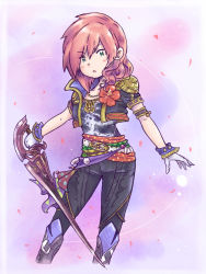 Rule 34 | 10s, 1girl, beads, cropped jacket, final fantasy, final fantasy xiii, flower, gloves, jewelry, lightning farron, lightning returns: final fantasy xiii, petals, pink hair, rose petals, shouta (shbz), sword, weapon