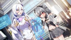Rule 34 | 2girls, blue eyes, breasts, commentary request, drill hair, elbow gloves, flat chest, gijang, gloves, grey hair, grey skirt, hair between eyes, hair ornament, hare (honkai impact), highres, hologram, honkai (series), honkai impact 3rd, long bangs, long hair, medium breasts, midriff, multiple girls, navel, official art, prometheus (honkai impact), red eyes, sidelocks, skirt, twin drills, white gloves, white hair