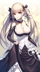Rule 34 | 1girl, akanagi youto, azur lane, bare shoulders, black dress, black ribbon, blonde hair, breasts, bridal gauntlets, cleavage, collarbone, commentary request, cowboy shot, detached sleeves, dress, earrings, formidable (azur lane), frilled dress, frills, hair ribbon, highres, jewelry, long hair, looking at viewer, pantyhose, petticoat, piercing, red eyes, ribbon, sidelocks, skirt hold, smile, solo, standing, stud earrings, twintails, very long hair, white pantyhose