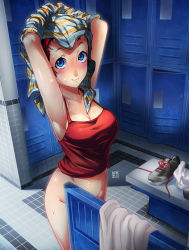 Rule 34 | 1girl, armpits, arms up, blue eyes, blush, bottomless, breasts, cleavage, convenient censoring, eudetenis, groin, highres, locker, locker room, long hair, looking up, navel, original, red hair, short hair, smile, solo, sweat, tank top, towel, track uniform, undressing, wet