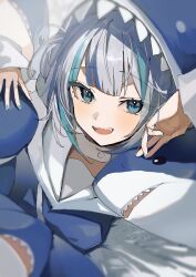 Rule 34 | 1girl, arms up, blue eyes, blue hair, blue hoodie, blue nails, blunt bangs, buttons, fingernails, gawr gura, grey background, grey hair, hands up, highres, hololive, hololive english, hood, hoodie, long sleeves, looking at viewer, multicolored hair, nail polish, open mouth, sakusya2honda, shark girl, sharp teeth, short hair, sidelocks, simple background, sitting, smile, solo, stuffed animal, stuffed shark, stuffed toy, teeth, tongue, two-tone hair, virtual youtuber, wide sleeves