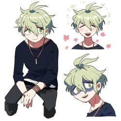 Rule 34 | 1boy, :d, amami rantaro, antenna hair, bracelet, closed eyes, closed mouth, collarbone, commentary request, cropped legs, cropped shoulders, danganronpa (series), danganronpa v3: killing harmony, furukawa (yomawari), green eyes, green hair, hair between eyes, highres, invisible chair, jewelry, looking at viewer, male focus, multiple views, necklace, open mouth, pants, shaded face, shirt, short hair, simple background, sitting, smile, striped clothes, striped shirt, teeth, upper teeth only, white background