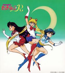 Rule 34 | 1990s (style), 3girls, arm up, bishoujo senshi sailor moon, black eyes, black hair, blonde hair, blue choker, blue eyes, blue footwear, blue hair, blue sailor collar, blue skirt, boots, brooch, choker, copyright notice, crescent, crescent earrings, double bun, earrings, elbow gloves, gloves, hair bun, high heels, highres, hino rei, jewelry, knee boots, leotard, logo, long hair, looking at viewer, magical girl, miniskirt, mizuno ami, multiple girls, non-web source, official art, open mouth, pleated skirt, pumps, red choker, red footwear, red sailor collar, red skirt, retro artstyle, sailor collar, sailor mars, sailor mercury, sailor moon, short hair, skirt, smile, tiara, tsukino usagi, twintails, very long hair, white gloves