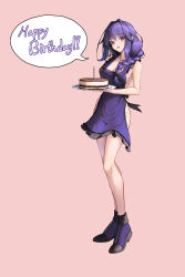 Rule 34 | 1girl, absurdres, apron, bare arms, bare legs, bare shoulders, bowlp, braid, commentary, fossil maiden, happy birthday, hellsinker, highres, long hair, looking at viewer, parted lips, pink background, plate, purple apron, purple eyes, purple footwear, purple hair, shoes, simple background, smile, solo, speech bubble, thighs
