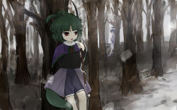 Rule 34 | 2others, adagumo no saragimaru, against tree, androgynous, arrow print, black sleeves, blue shorts, boots, breath, capelet, collar, collared capelet, commentary, cowboy shot, day, forest, frilled hat, frills, from side, full body, fur collar, green hair, green vest, hair ornament, hashtag-only commentary, hat, high ponytail, highres, holding, holding polearm, holding weapon, jacket, kuroda (kurota ne), len&#039;en, len'en, long sleeves, looking ahead, mob cap, multiple others, naginata, nature, necktie, open mouth, other focus, outdoors, polearm, purple capelet, purple footwear, purple hair, purple headwear, purple jacket, purple sleeves, reactivate majestical imperial, red eyes, red necktie, shitodo kuroji, short hair, short ponytail, shorts, snake hair ornament, snake tail, snow, snowing, split ponytail, standing, tail, tree, triangular headpiece, vest, weapon, white collar, white shorts, winter