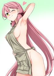 Rule 34 | 1girl, akashi (kancolle), apron, arm up, armpits, bikini, blush, breasts, closed mouth, commentary request, cowboy shot, green eyes, hair between eyes, hair ribbon, heart, kantai collection, kumadano, long hair, looking at viewer, low twintails, medium breasts, naked apron, nipple slip, nipples, one eye closed, pink hair, ribbon, sideboob, simple background, smile, solo, standing, swimsuit, twintails, very long hair