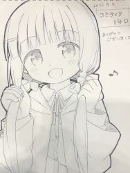Rule 34 | 1girl, :d, ayanepuna, blunt bangs, blush, braid, collared shirt, dress shirt, eighth note, greyscale, hair ornament, hairclip, hands up, highres, holding, holding own hair, hood, hood down, hooded jacket, jacket, long hair, long sleeves, looking at viewer, low twintails, monochrome, musical note, neck ribbon, open clothes, open jacket, open mouth, original, photo (medium), ribbon, shirt, sidelocks, smile, solo, traditional media, twintails, very long hair, wide sleeves
