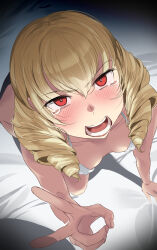Rule 34 | 1girl, angry, bikini, blonde hair, blush, breasts, drill hair, erika wagner, highres, long hair, looking at viewer, on bed, open mouth, red eyes, small breasts, solo, swimsuit, tears, touniyuu, twin drills, twintails, under night in-birth, under night in-birth exe:late[st], v, white bikini