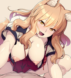 Rule 34 | 1boy, 1girl, abs, animal ear fluff, animal ears, artist request, blonde hair, blush, breasts, collarbone, cowgirl position, fang, fate/grand order, fate (series), fox ears, fox tail, girl on top, gluteal fold, hair between eyes, hanging breasts, hetero, highres, large breasts, long hair, monochrome background, nipples, pov, sex, shadow, short sleeves, simple background, skirt, smile, straddling, suzuka gozen (fate), sweat, tail, tongue, yellow eyes